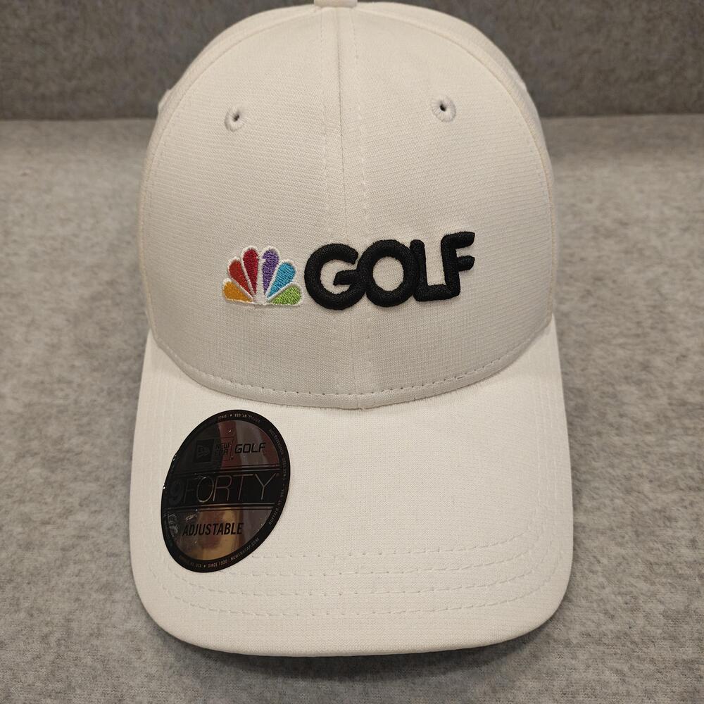 NBC Golf New Era 9FORTY Hat Cap Strap Back White Baseball Logo Peacock Mens